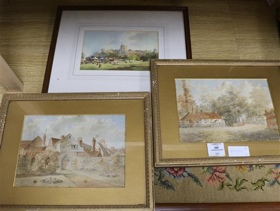 Two Josiah Parlby landscapes, country house and cottage, watercolours, and a CV Parker watercolour of Windsor Castle